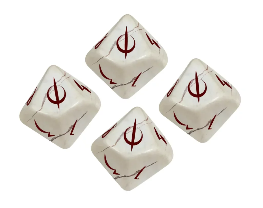 Four matching alloy d10 life counters