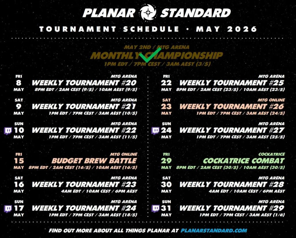 Planar Standard: el formato fan de MTG que reduce sets y deja fuera Universes Beyond. 3 planar standard tournament schedule may 2026 v0 q654ta89eczg1
