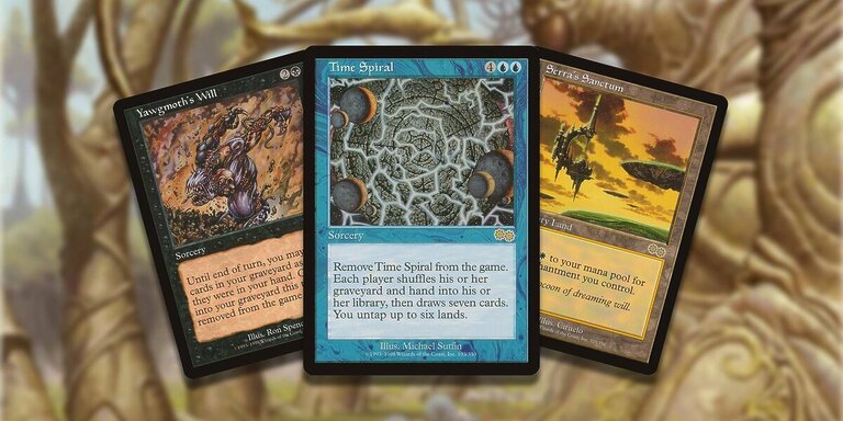 magic the gathering most valuable urza s saga cards yawgmoth s will time sprial and serra s sanctuary
