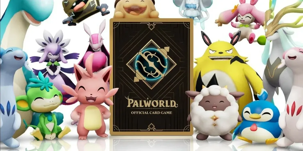 promo image for palworld official card game showing a number of pals around a playing cardjfif 1 l1200